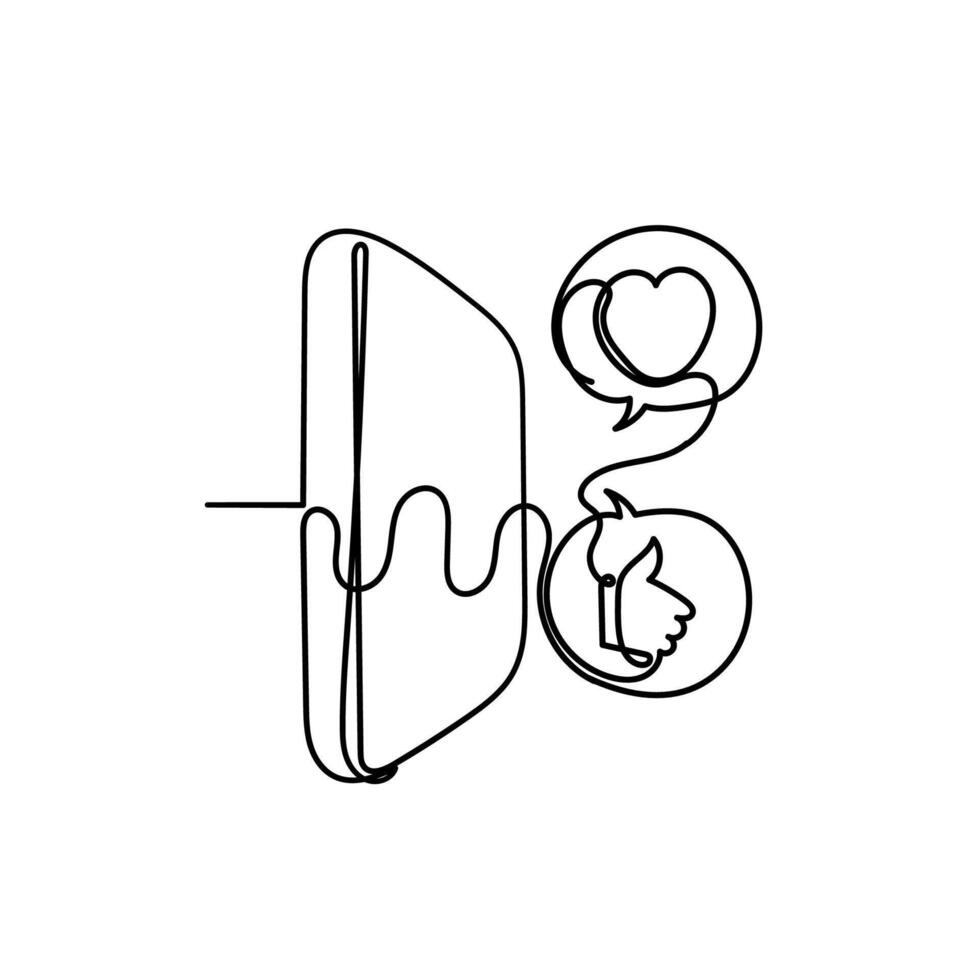 continuous line drawing mobile phone with like and love in bubble speech vector