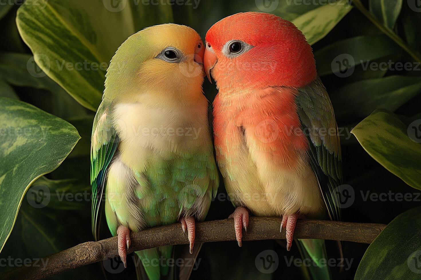 Two birds are sitting on a branch photo