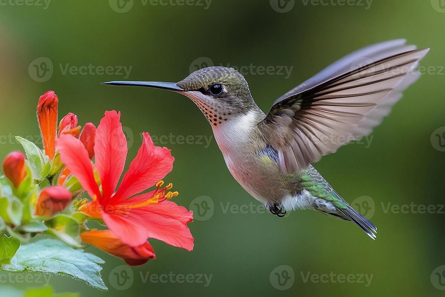 A hummingbird is hovering near a flower photo