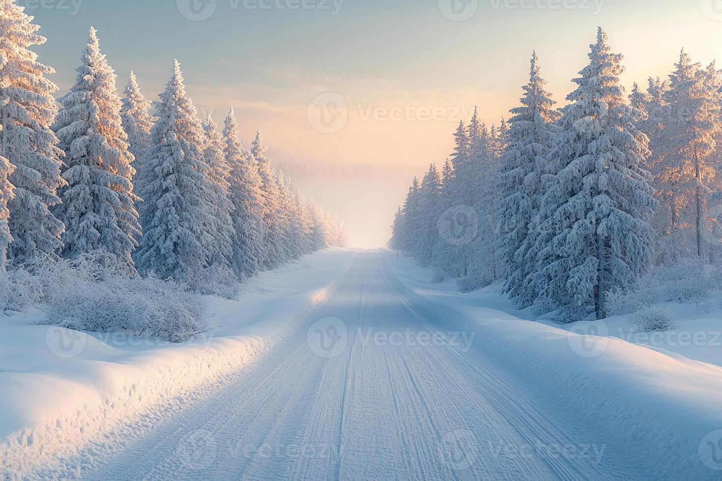 A snowy road is shown in the middle of a forest photo