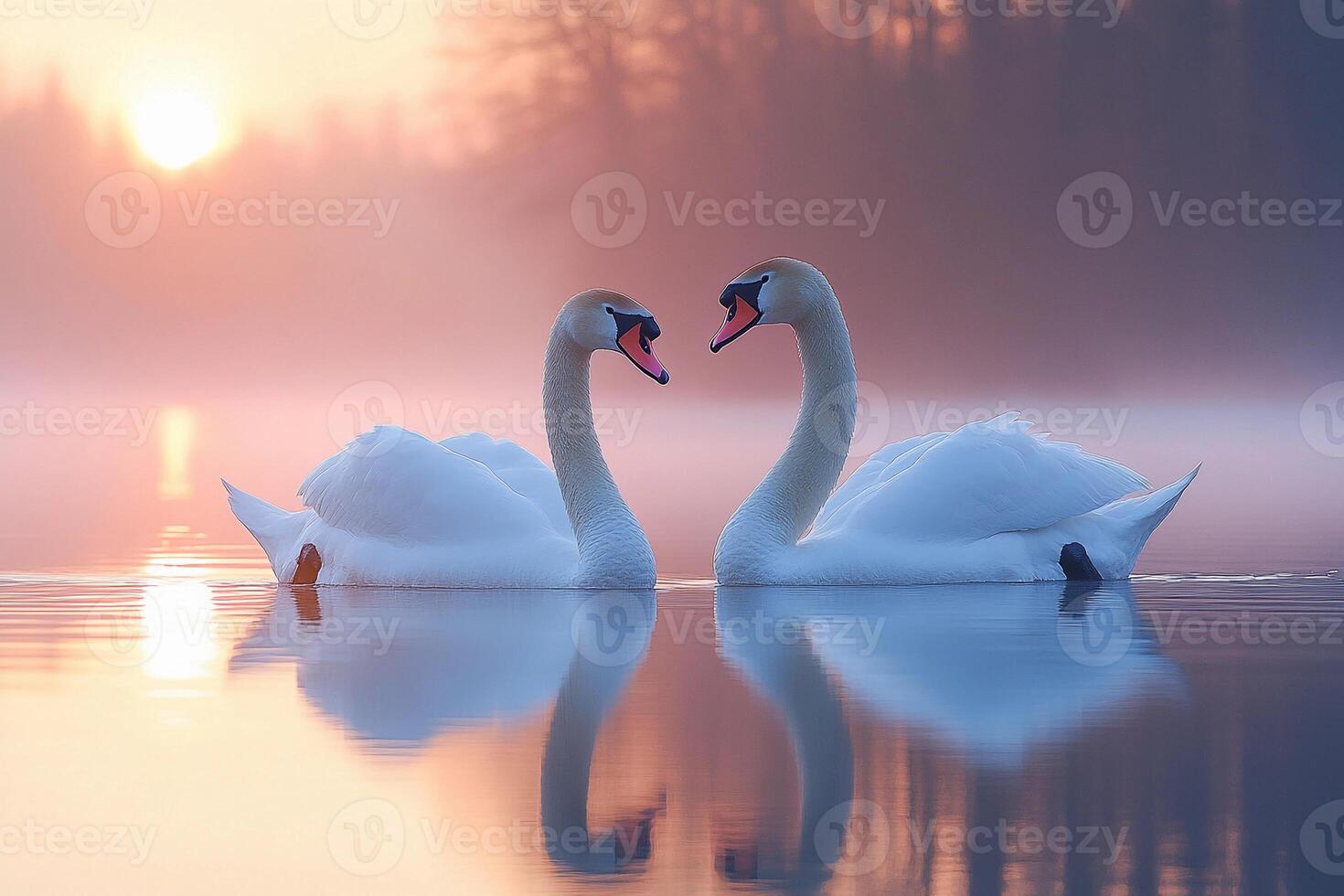 Two swans are making a heart shape in the water photo