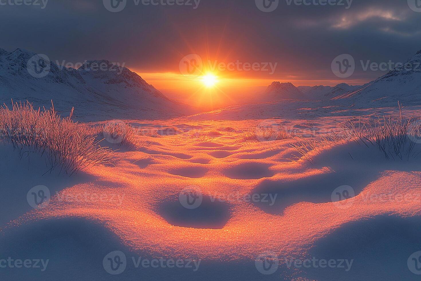 The sun is setting over a snowy landscape photo