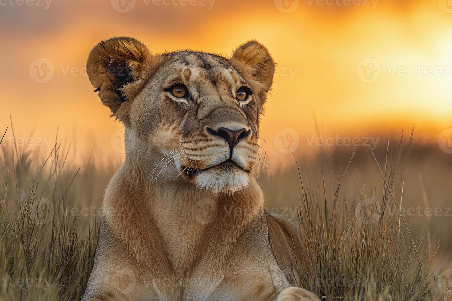 A lion is sitting in the grass at sunset photo