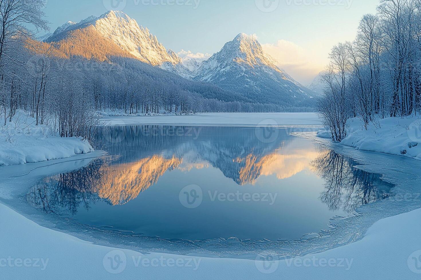 A lake surrounded by snow covered mountains photo