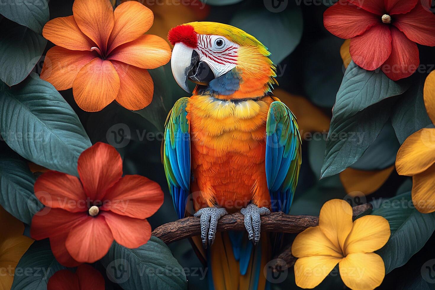 A colorful parrot sitting on a branch surrounded by flowers photo
