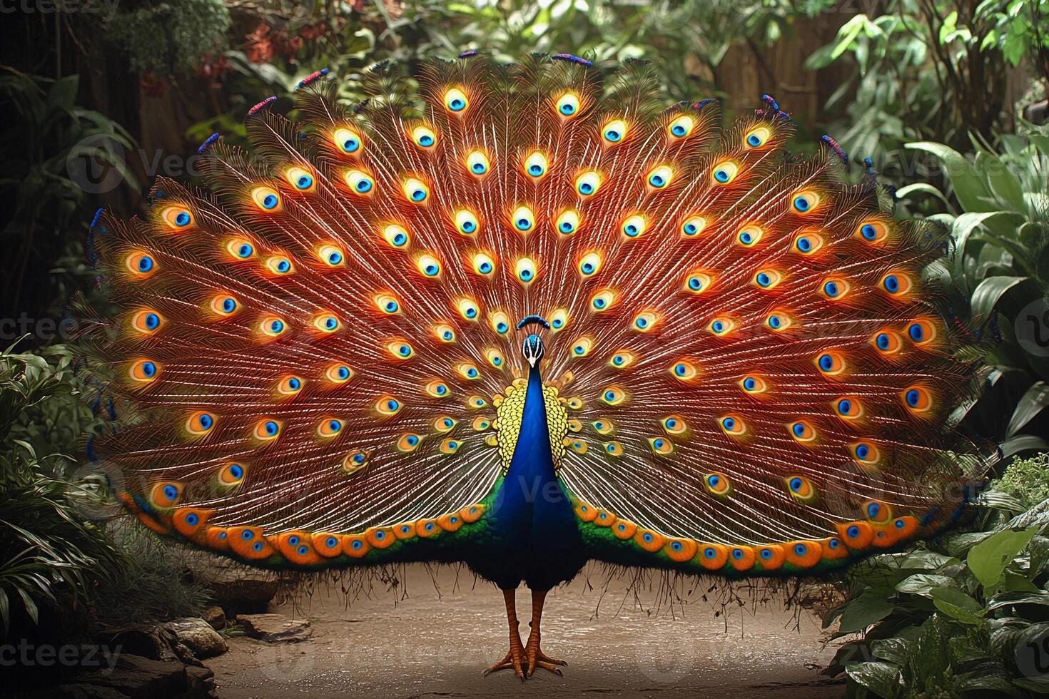 A peacock with its feathers out photo