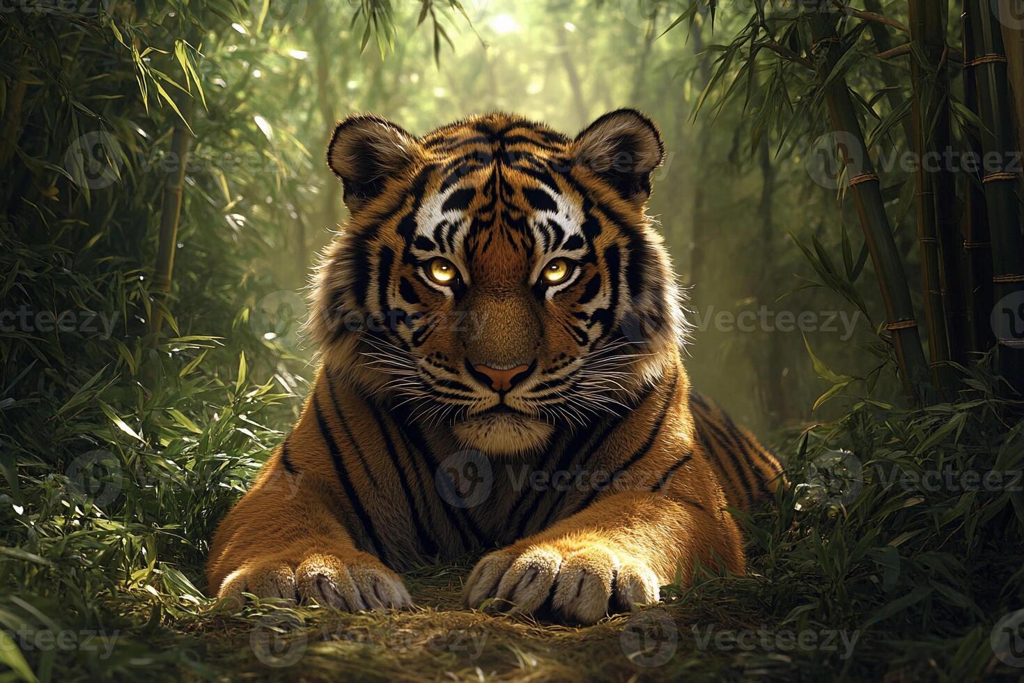 A tiger is sitting in the middle of a jungle photo