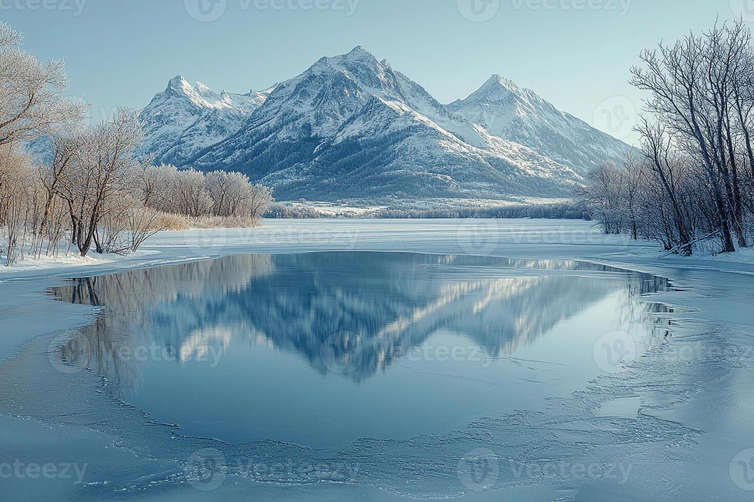 A frozen lake surrounded by snow covered mountains photo