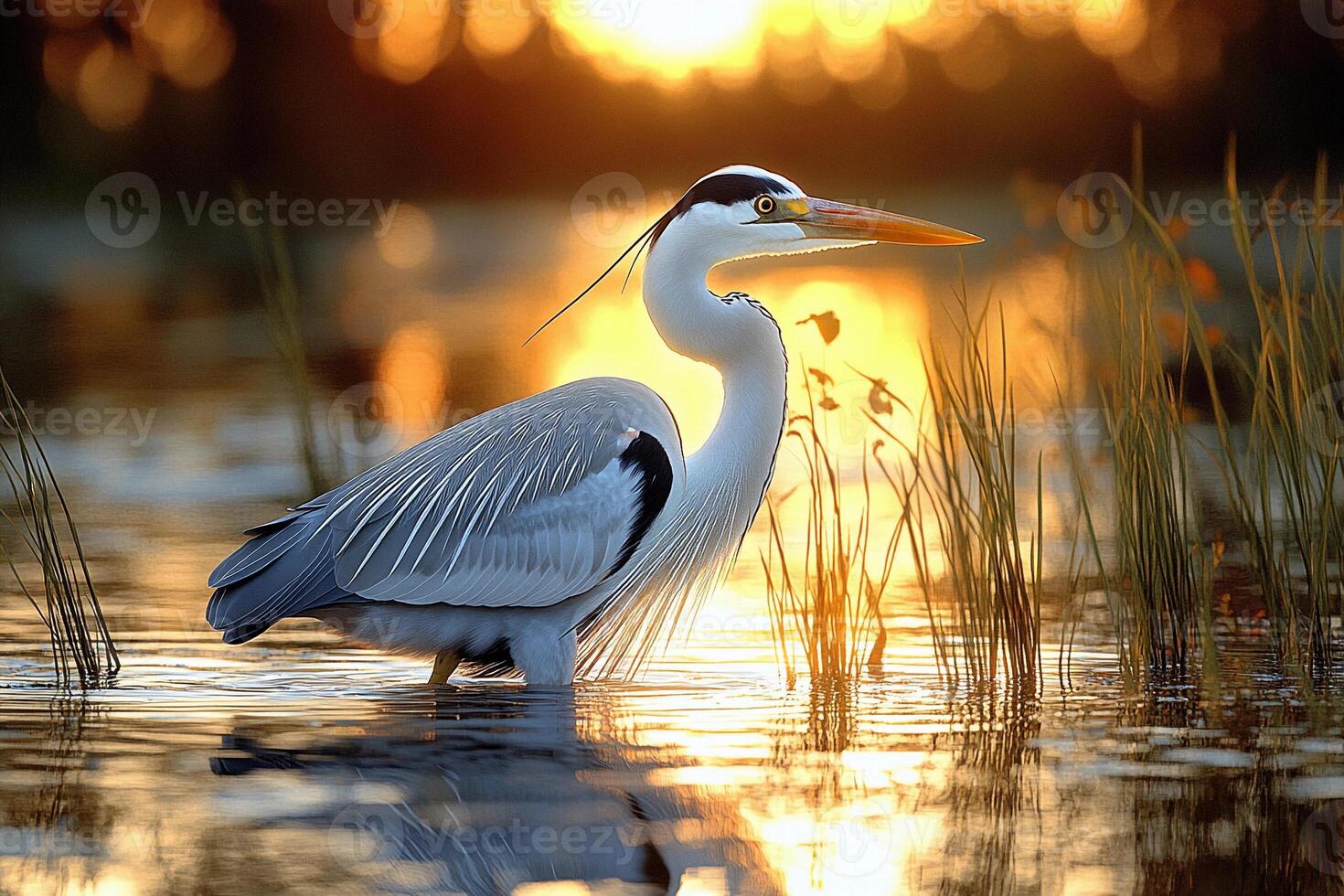 A bird standing in water at sunset photo