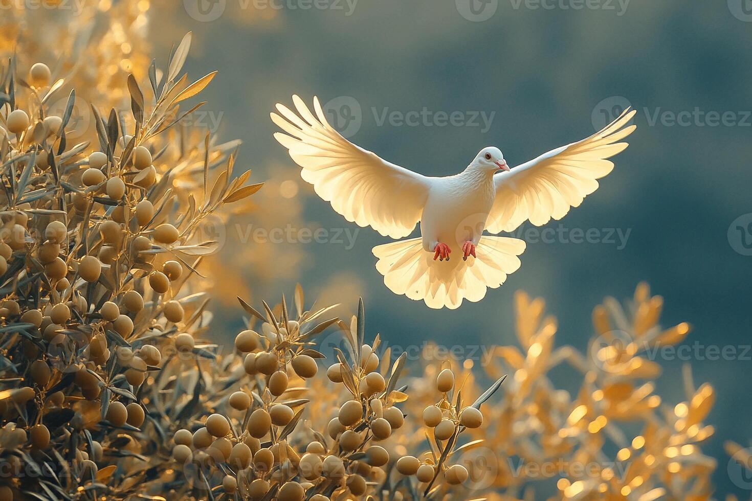 A white dove flying over a tree with leaves photo