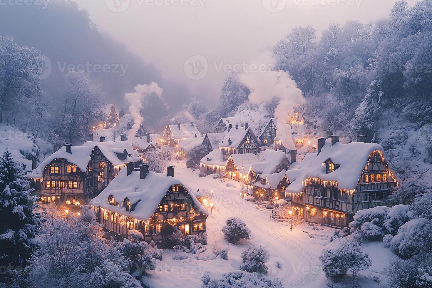 A village in the snow with lights on photo