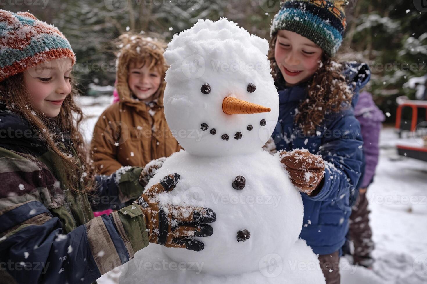 Three children are standing around a snowman photo