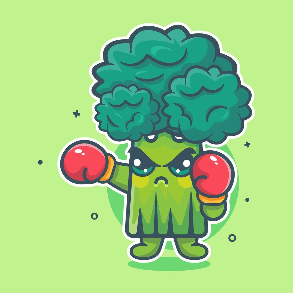 serious broccoli vegetable character mascot playing boxing sport isolated cartoon vector