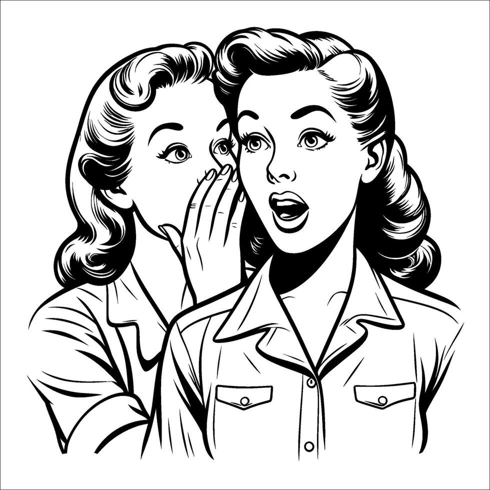 1940s Retro Woman Whispering Secret to a Friend, Clean Black and White Line Art Style vector