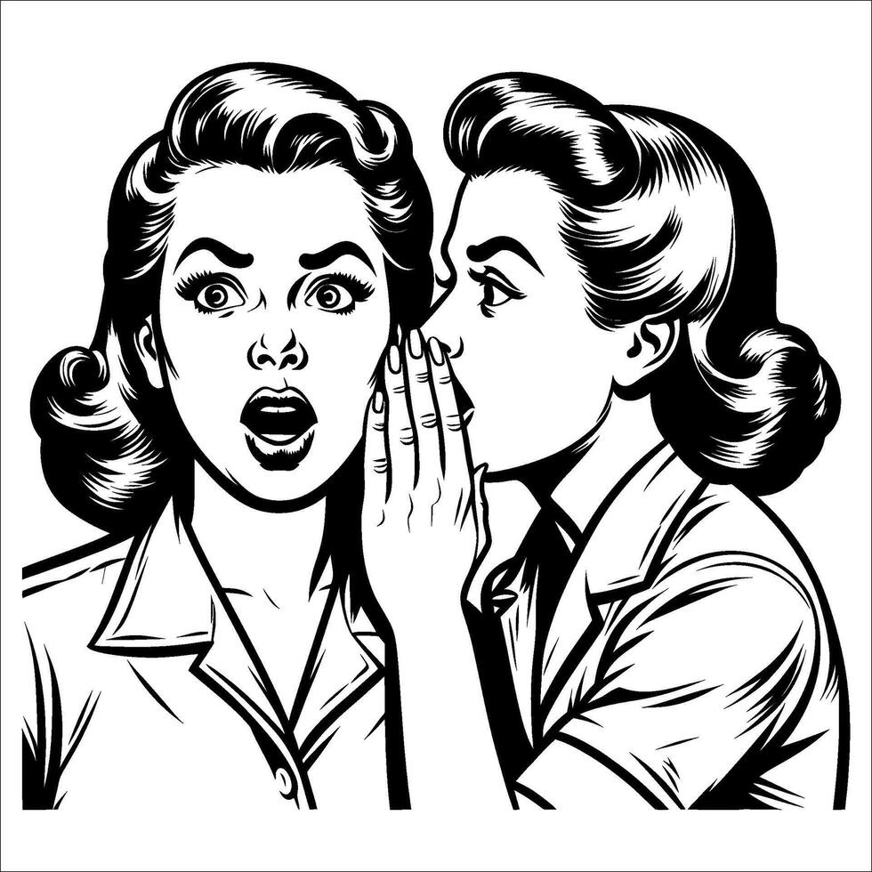 Retro Inspired Line Art 1940s Woman Whispering with a Surprised Look, Black and White vector