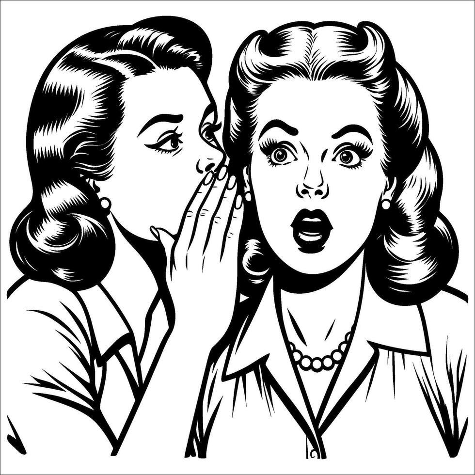 Retro 1940s Style Woman Whispering, Surprised Look, Simple Clean Line Art in Black and White vector