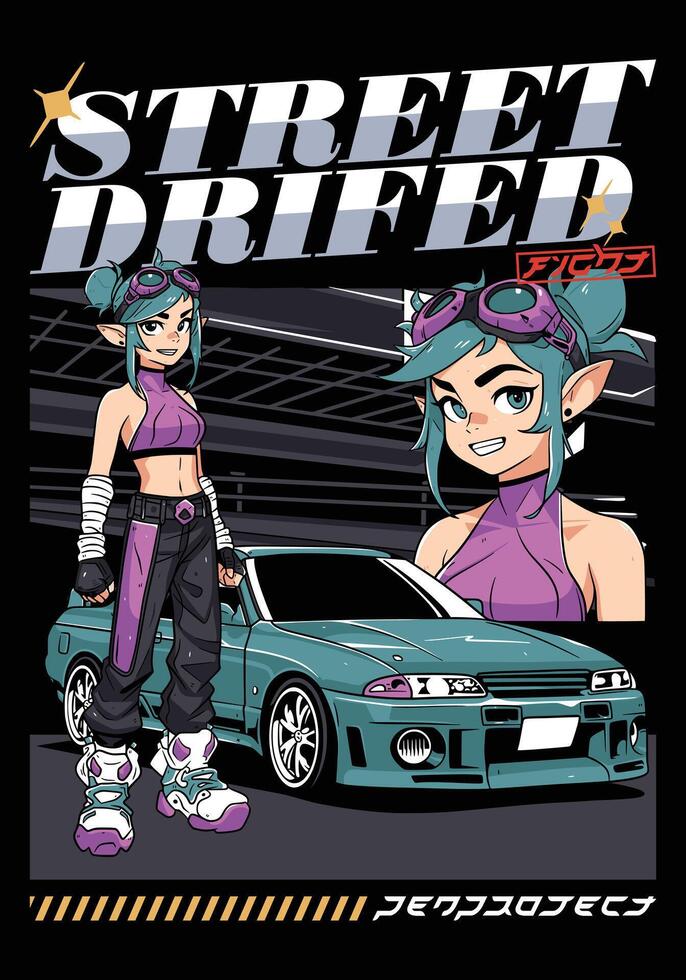 car design illustration, street car fight with female fighter character vector