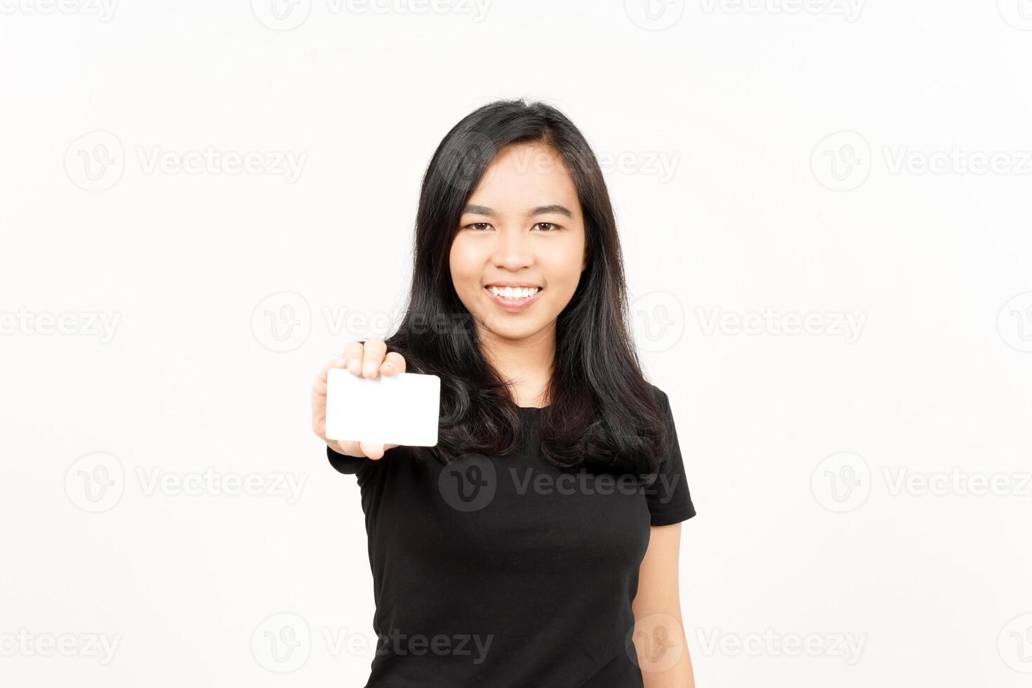 Holding Blank Bank Card Or Credit Card of Beautiful Asian Woman Isolated On White Background photo