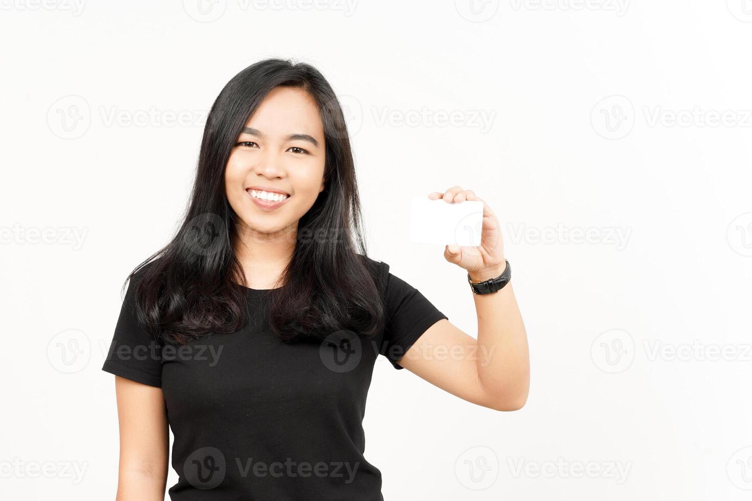 Holding Blank Bank Card Or Credit Card of Beautiful Asian Woman Isolated On White Background photo