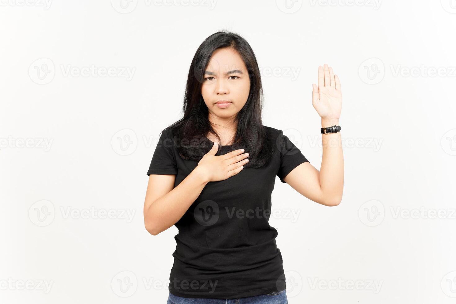 Swearing Gesture of Beautiful Asian Woman Isolated On White Background photo
