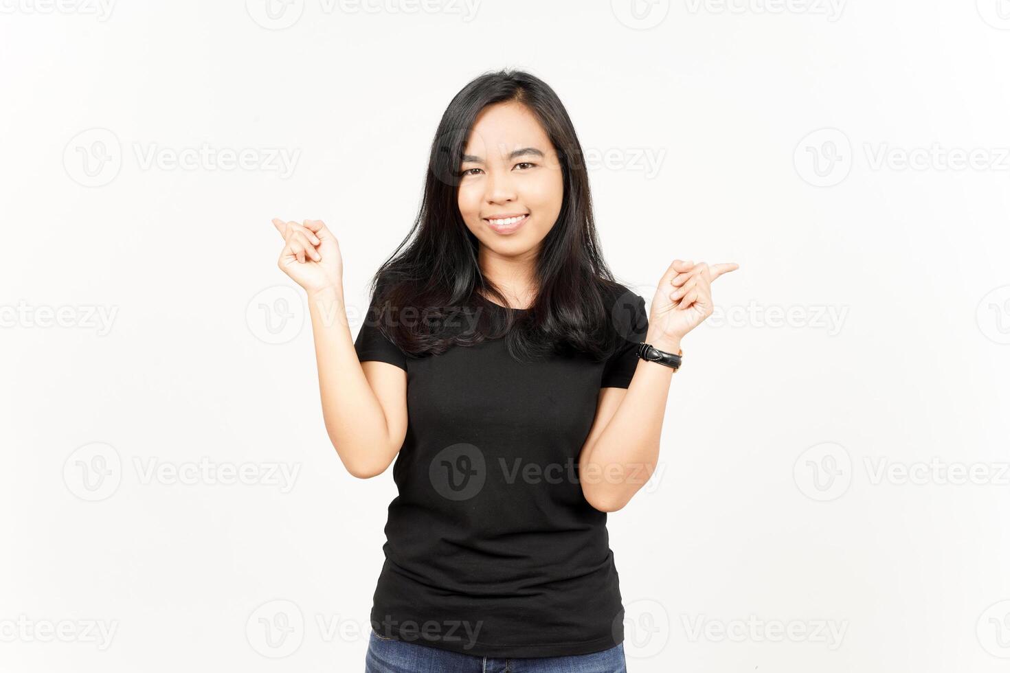 Showing and Pointing Two Product With Thumbs of Beautiful Asian Woman Isolated On White Background photo
