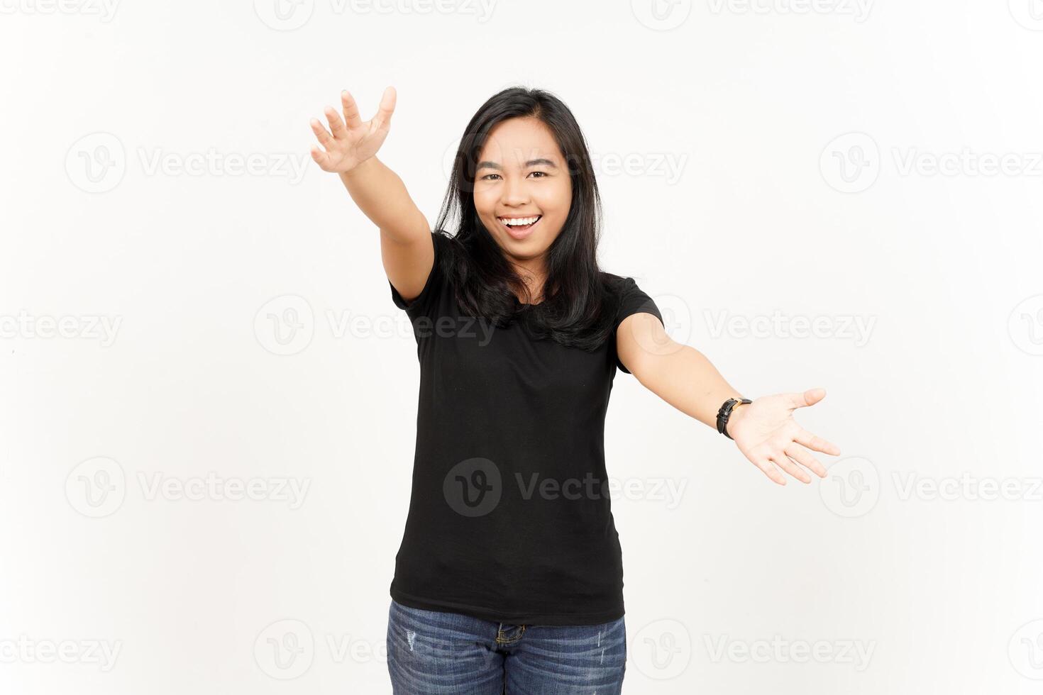 Offering Hug of Beautiful Asian Woman Isolated On White Background photo