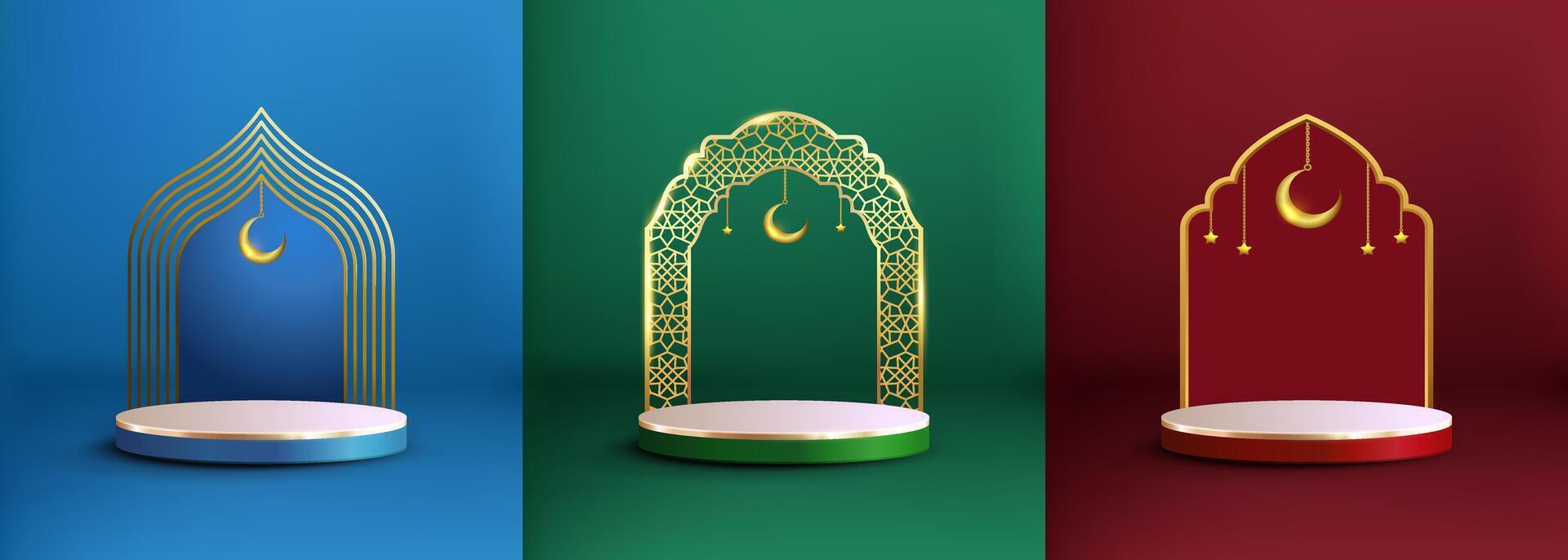 Set of 3D blue, green, and red cylinder podiums with mosque gate gold, perfect for Ramadan Kareem and Eid al-Adha designs. vector