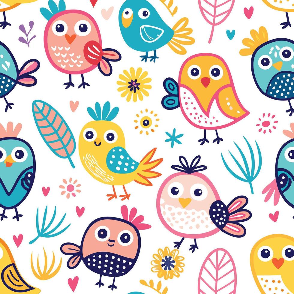 seamless pattern with cute birds and flowers vector