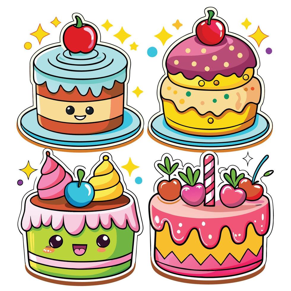 cute cake stickers set illustration vector