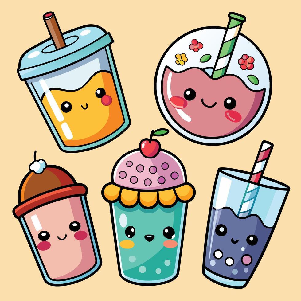 cute kawaii smoothie set with different drinks vector