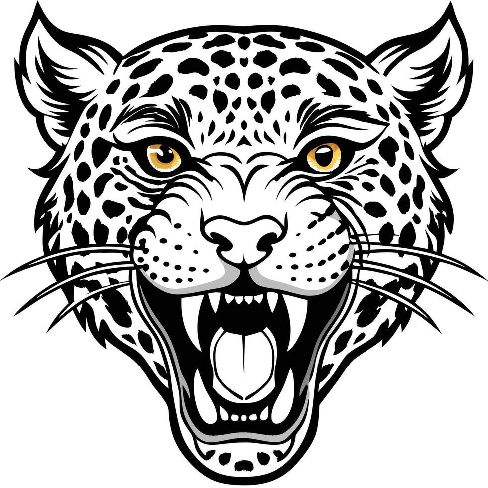 a jaguar head with open mouth and yellow eyes vector