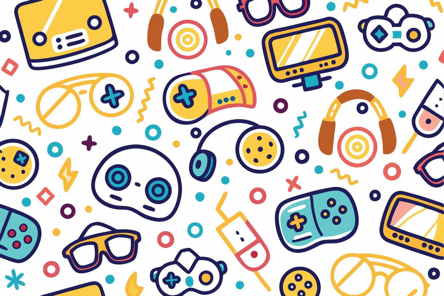 a colorful pattern with various items such as game controllers and other items vector