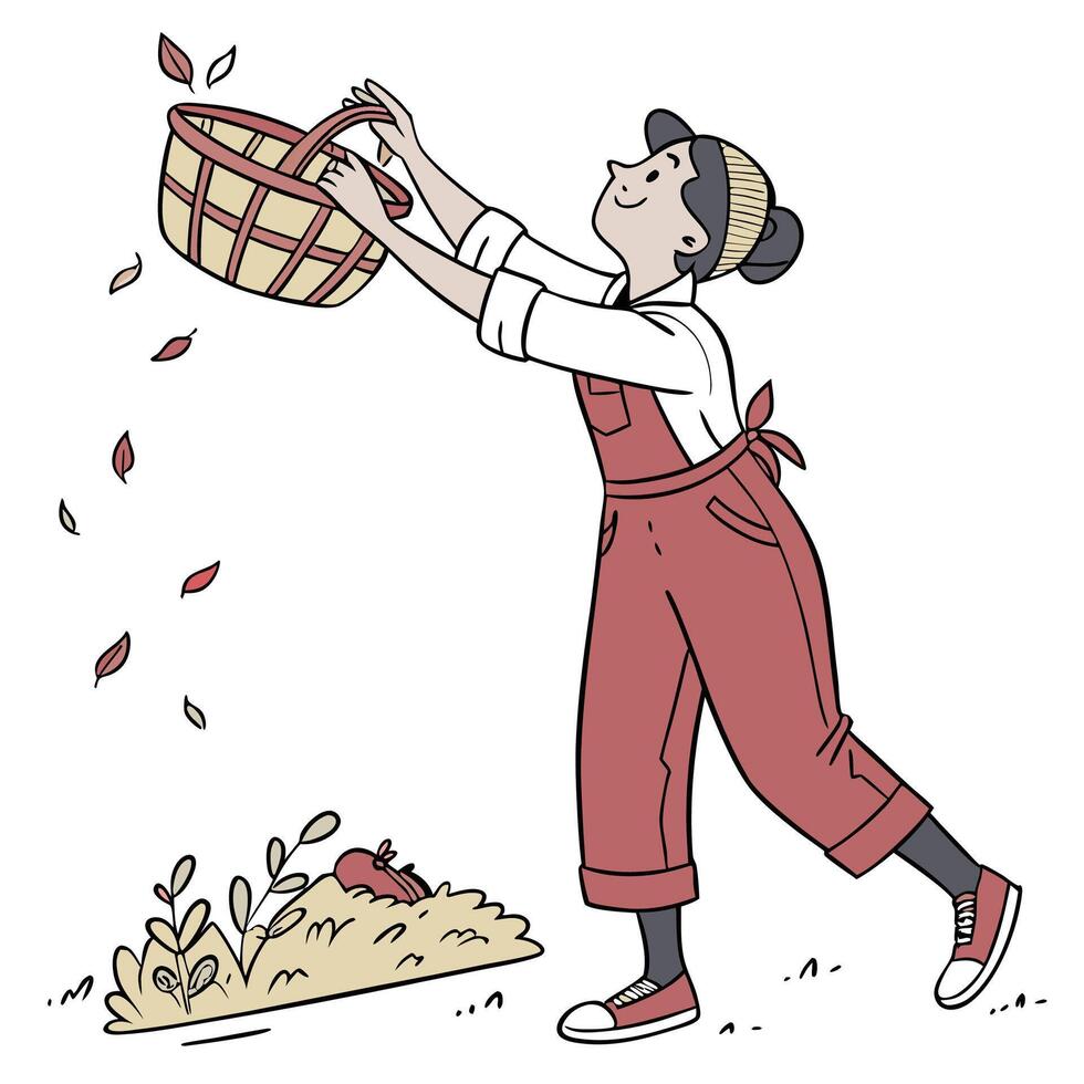 a woman is throwing leaves into a basket vector