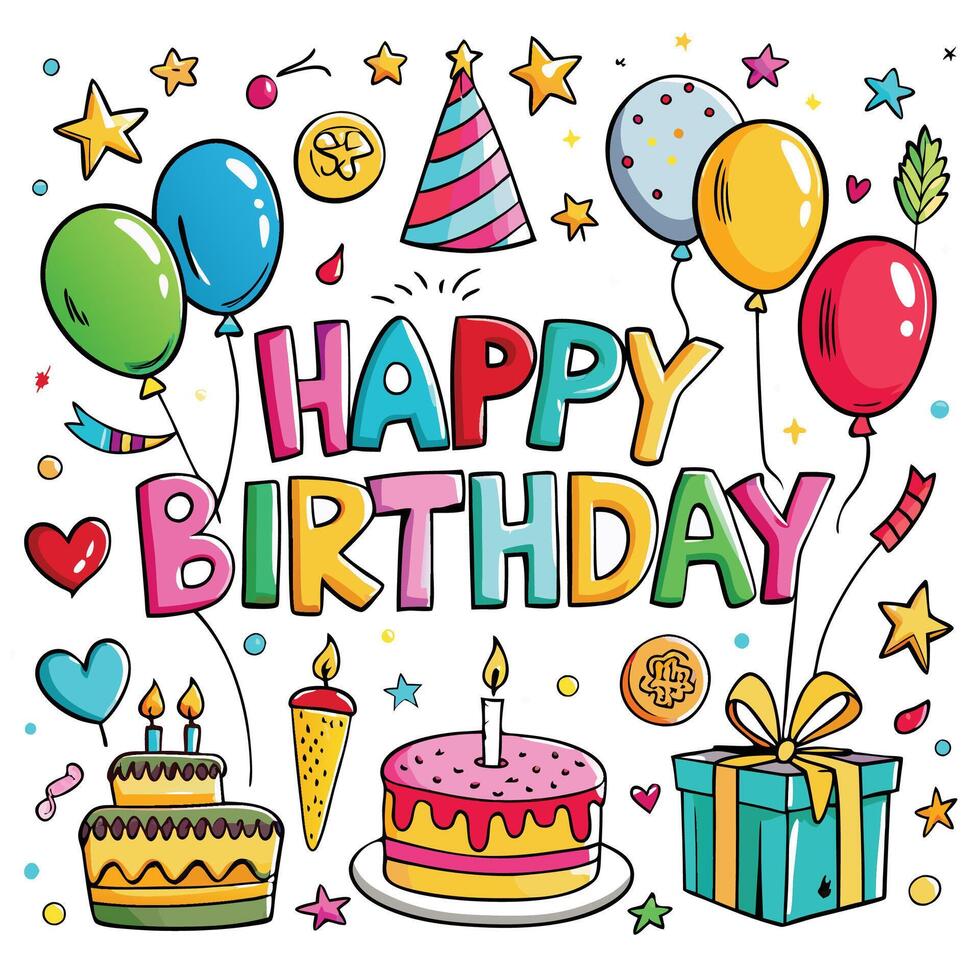 happy birthday card with balloons, cake and other items vector