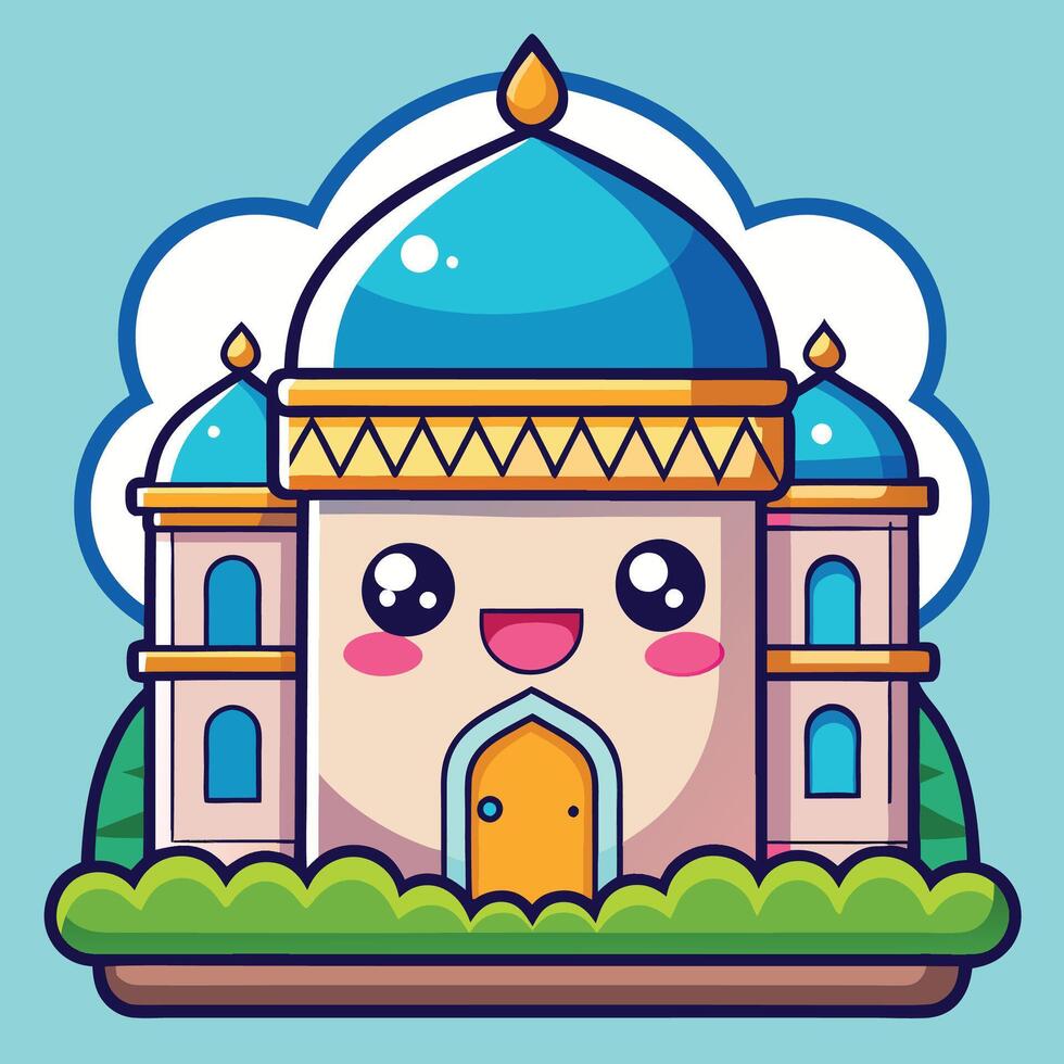 cartoon mosque with blue dome and green grass vector