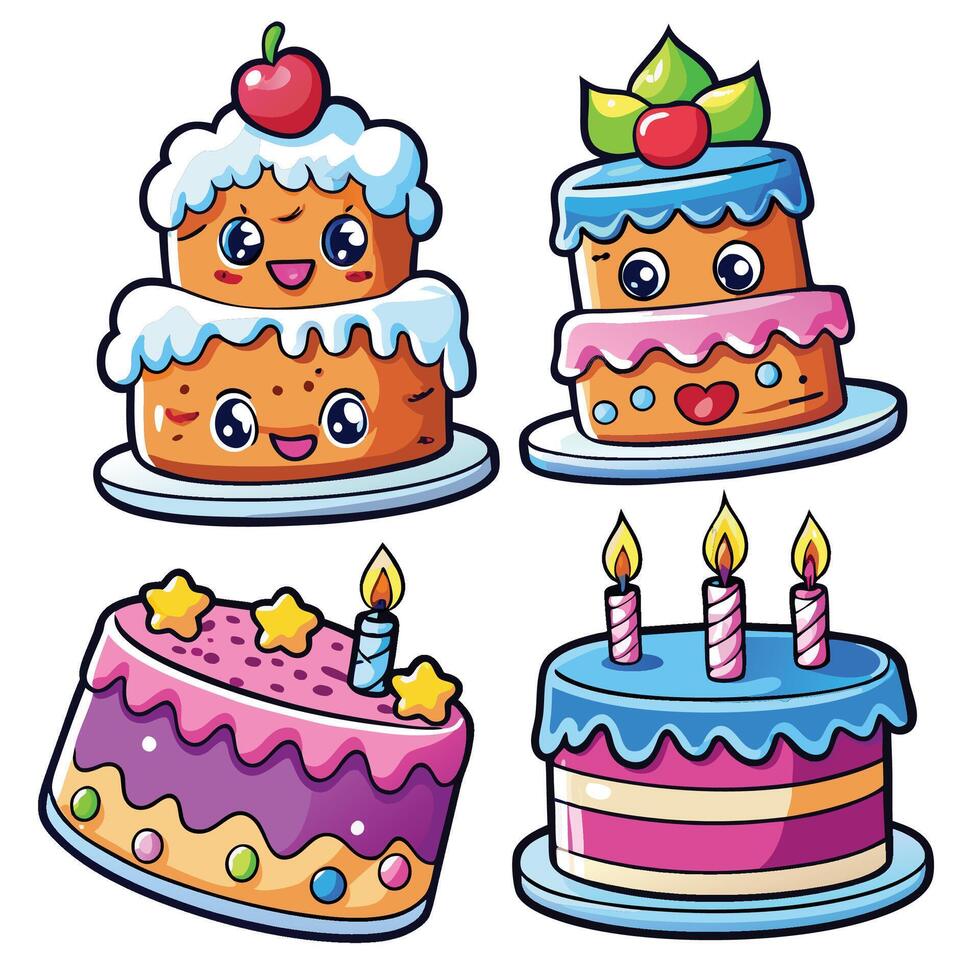 four different cakes with candles on them vector