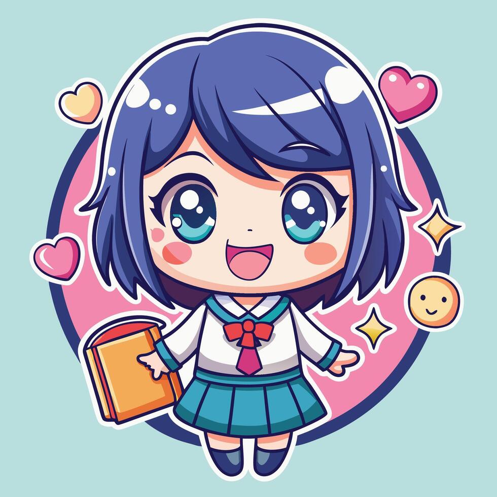 cute anime girl with blue hair and blue eyes holding a book vector