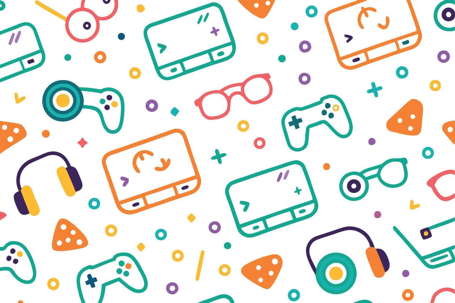 a colorful pattern with game controllers and other items vector