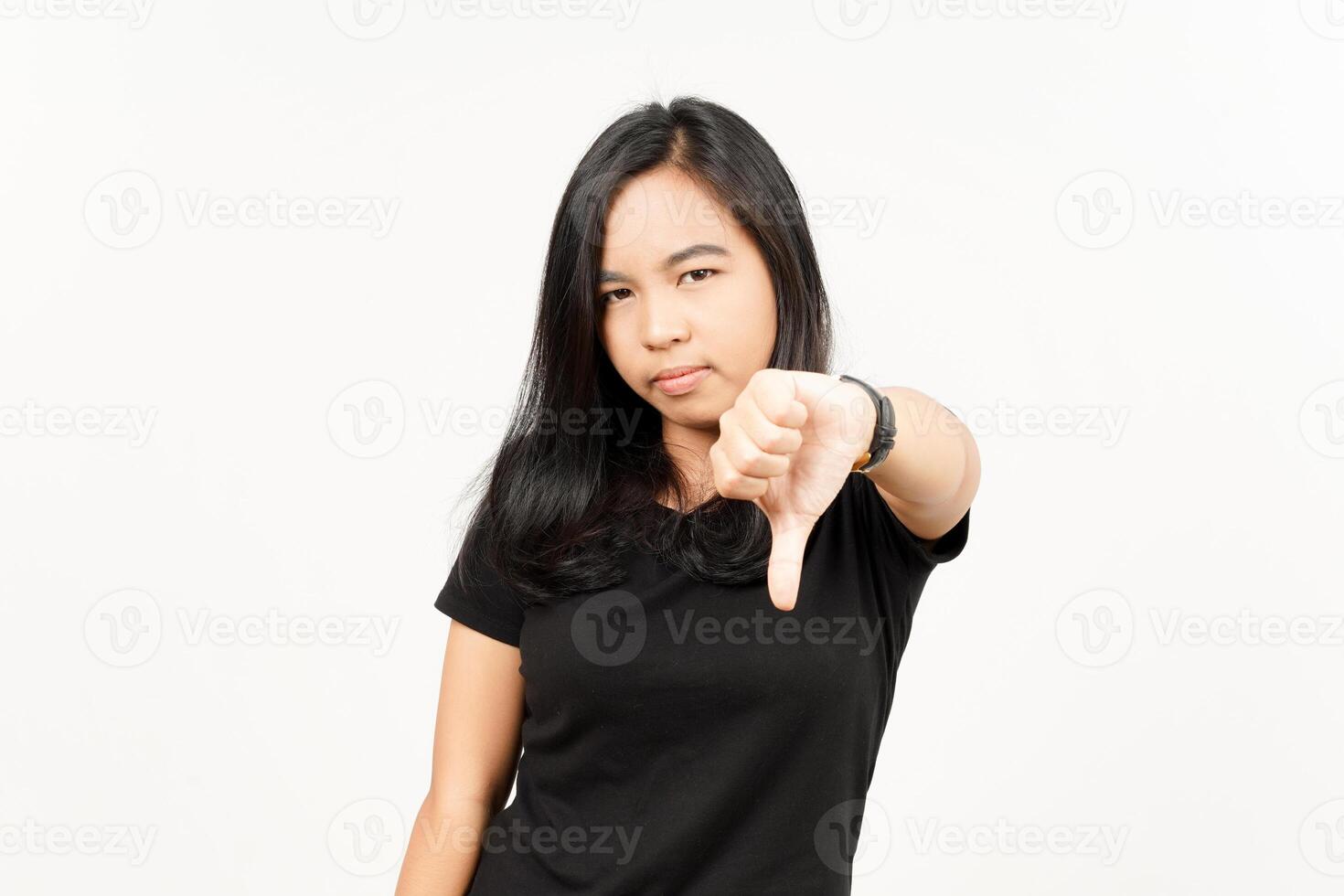 Showing thumbs down of Beautiful Asian Woman Isolated On White Background photo