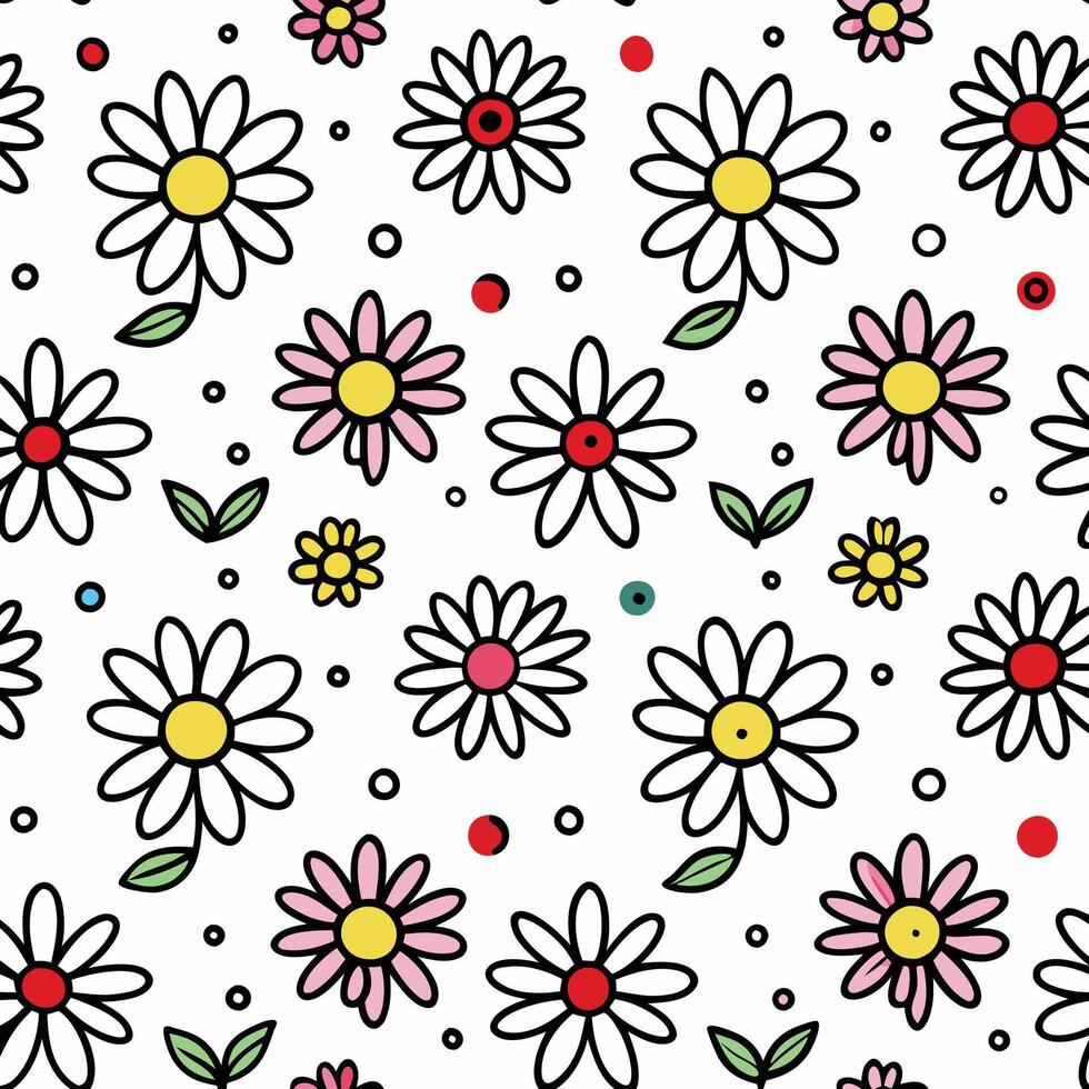 a pattern with daisies and polka dots vector