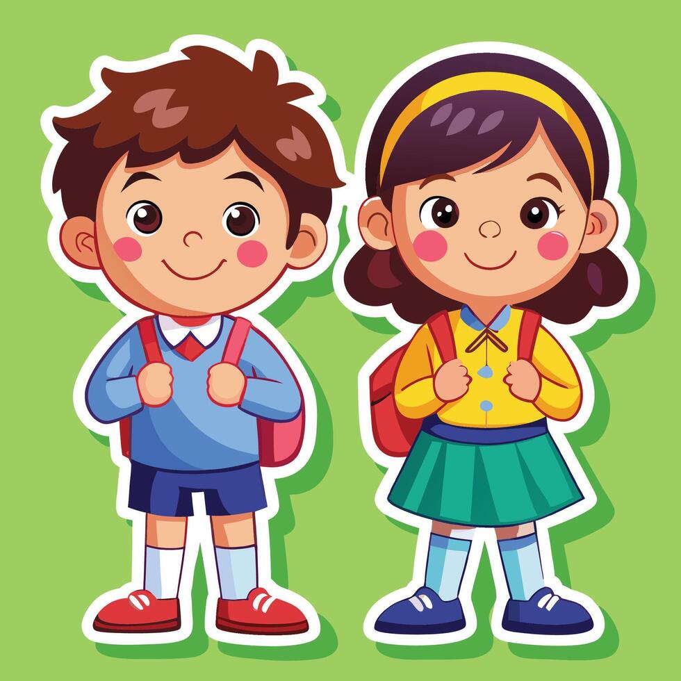 cartoon boy and girl with backpacks standing next to each other vector