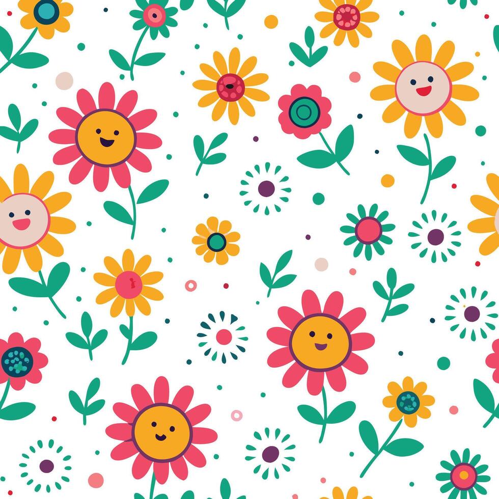 seamless pattern with flowers and smiling faces vector