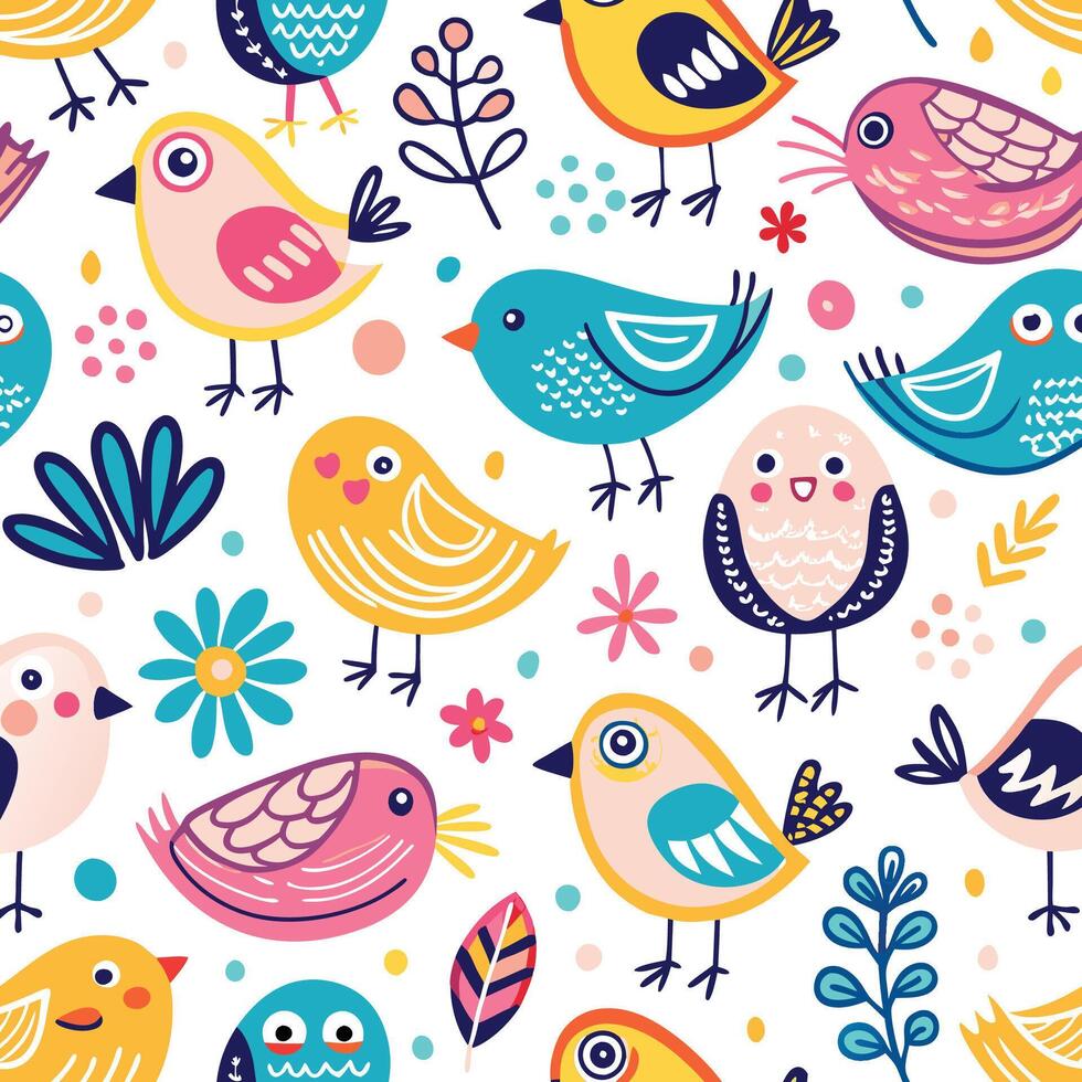 seamless pattern with colorful birds and flowers vector