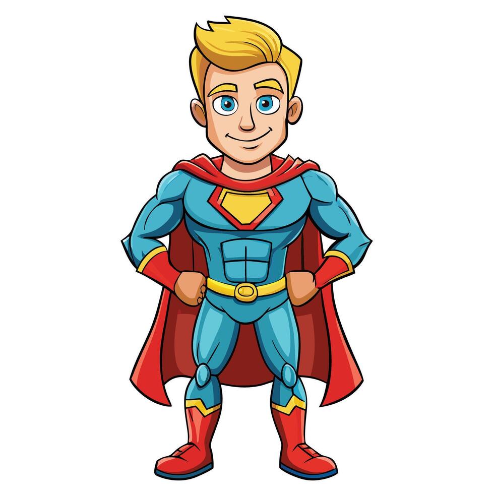 superhero cartoon character with blue cape and red shirt vector