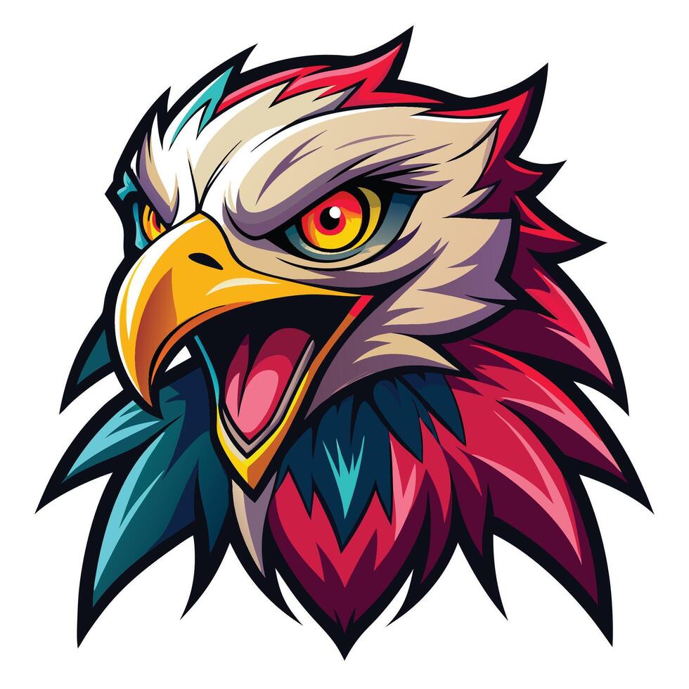 an eagle head with red, blue and yellow feathers vector