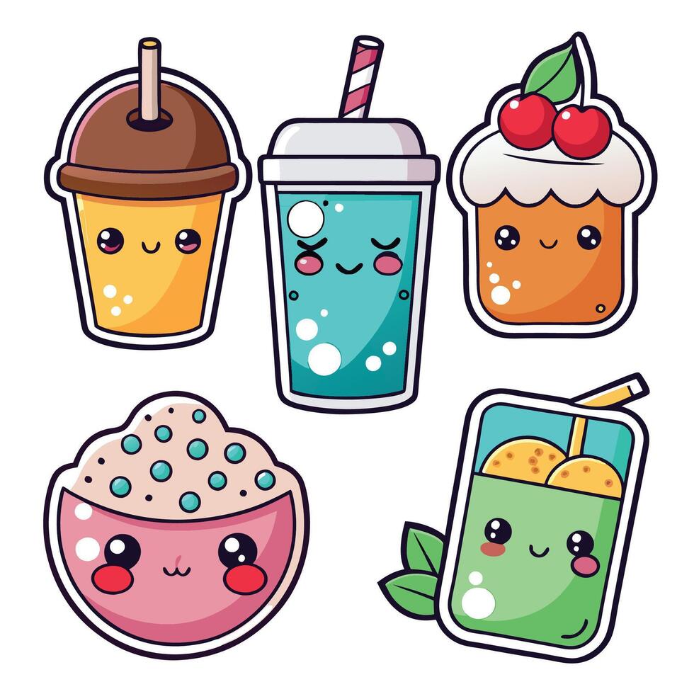 cute kawaii drink stickers set vector
