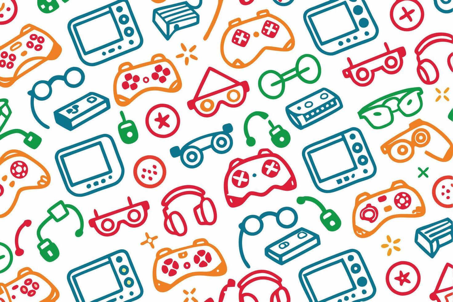 a colorful pattern with various game controllers and other items vector