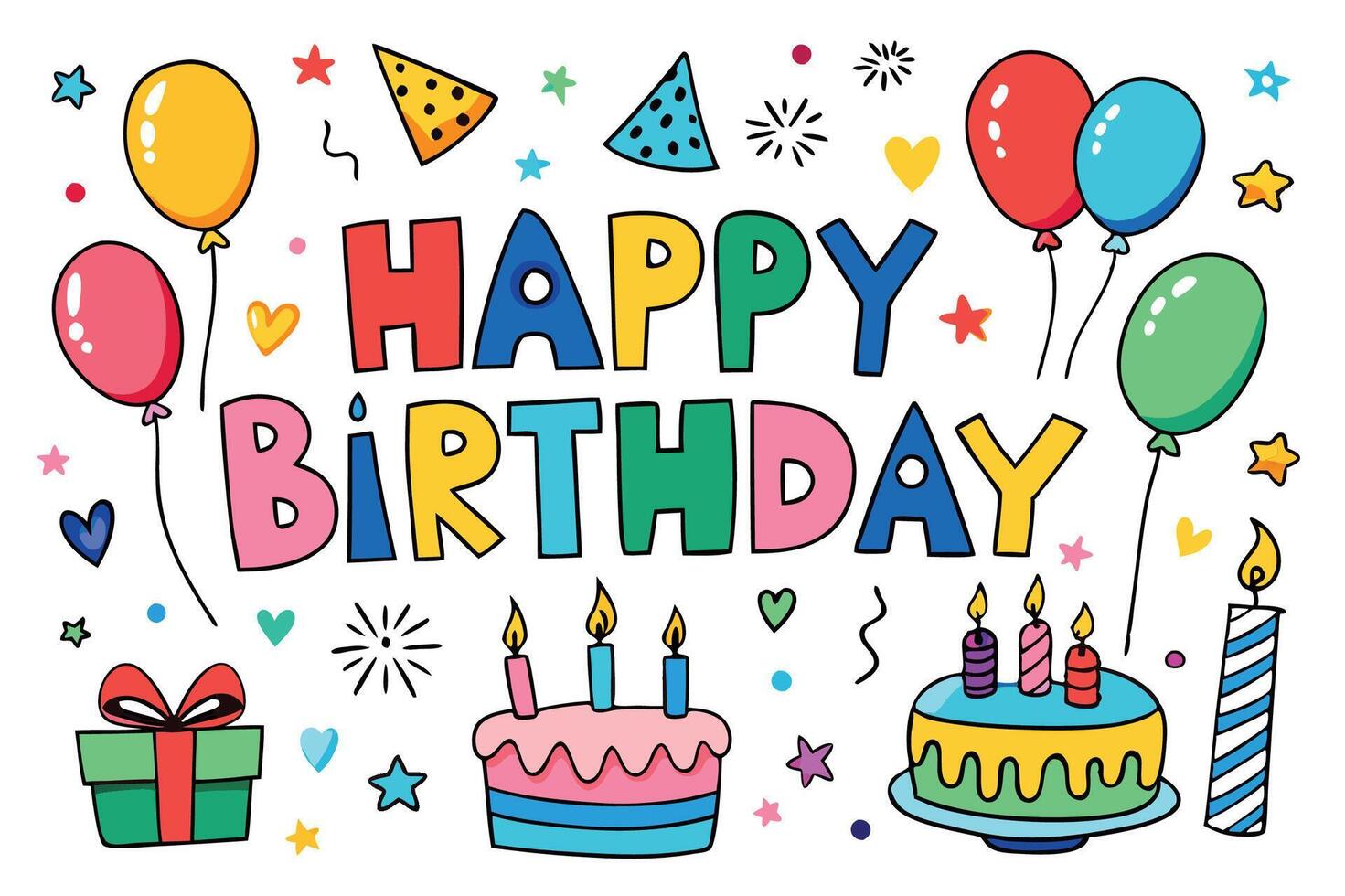 happy birthday card with balloons and cake vector