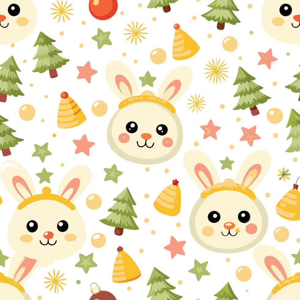 a pattern with cute rabbits and christmas trees vector