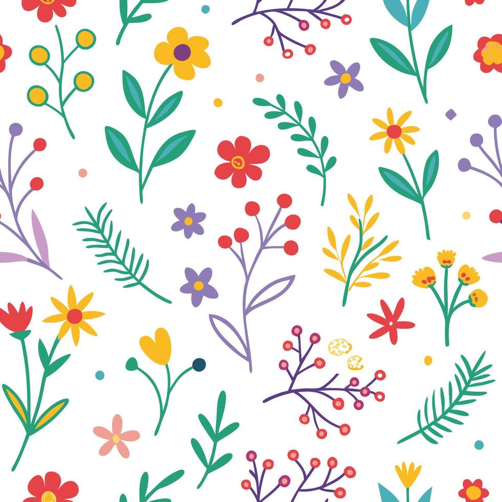 floral seamless pattern with colorful flowers and leaves vector
